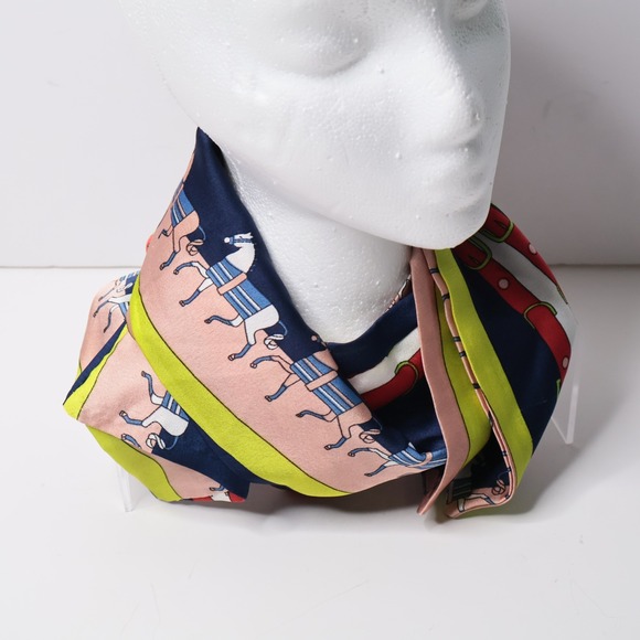 Unbranded Accessories - Handmade Equestrian Horse & Belt Print Skinny Scarf Navy Pink Lime‎ Green 56"